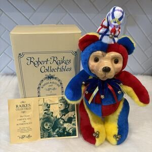 Robert Raikes Ilia Clown Bear Signed LE 38/750 Wood Face Plush w/ COA & Box